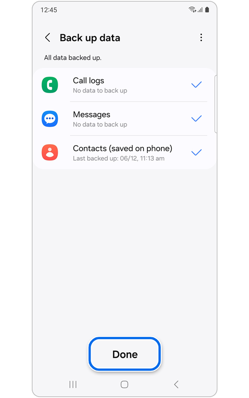 Screen confirming data backup complete