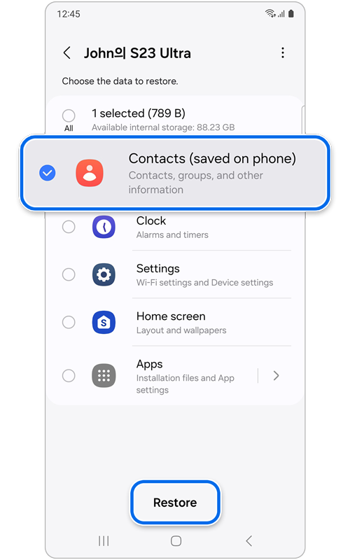 Screen displaying what data can be restored