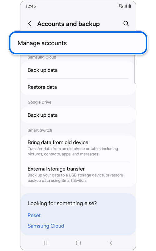 Accounts and backup screen