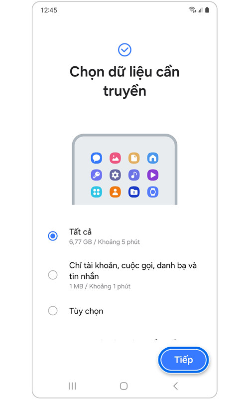Trang chọn dữ liệu cần truyền bằng Smart Switch.