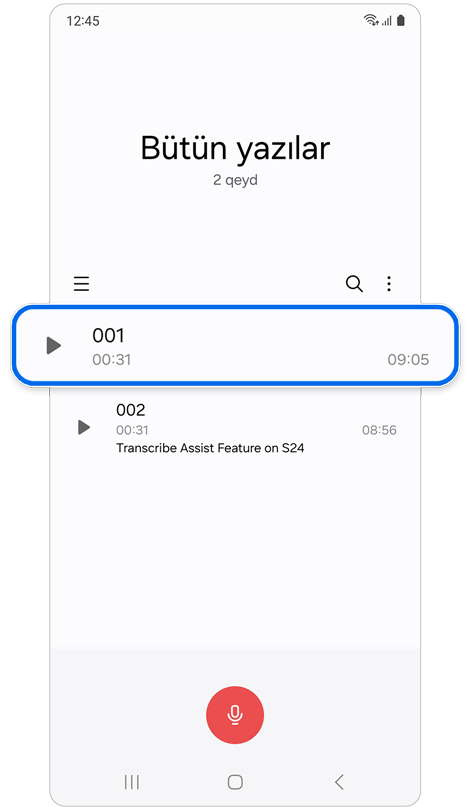 Səs yazan proqramının əsas ekranı.