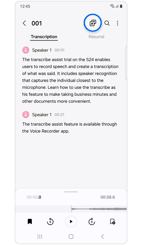 Application Enregistreur vocal affichant un enregistrement audio transcrit