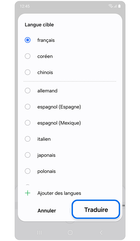 Écran de sélection de la langue cible