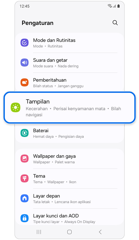 Layar depan Pengaturan.