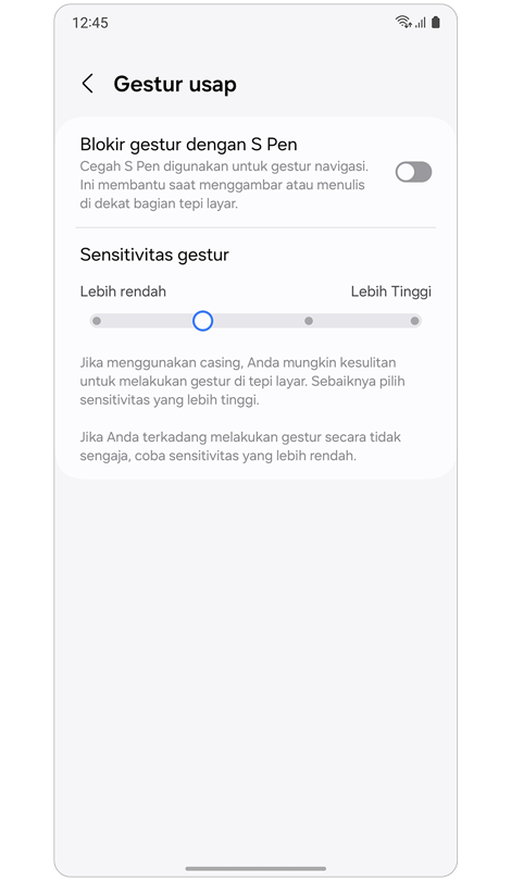 Opsi pengaturan gestur usap.