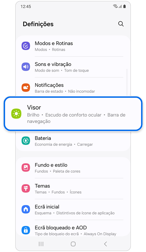 Ecrã inicial Definições.