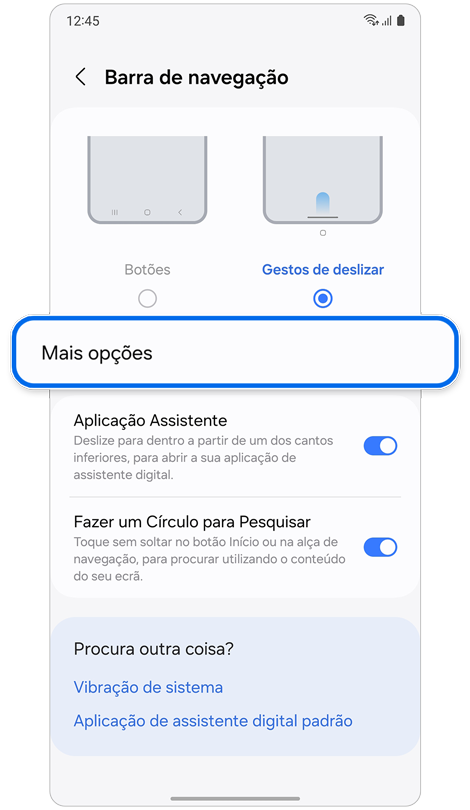 Ecrã de definições da Barra de navegação.