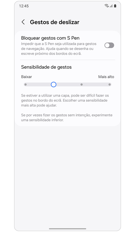 Opções de definições dos Gestos de deslizar.