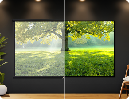 An image divided into two parts, comparing a Samsung projector's output: on the left, a screen with low contrast, and on the right, a screen displaying a clear, high-contrast image