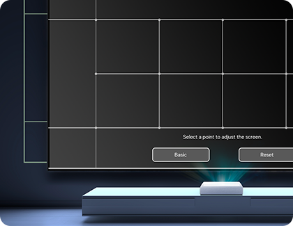 Samsung's The Premiere projector displaying a settings screen with various rectangular patterns, designed to assist customers in optimizing image quality