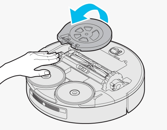 Hand lifting the Spin Brush Cover on a Samsung Jet Bot Combo.