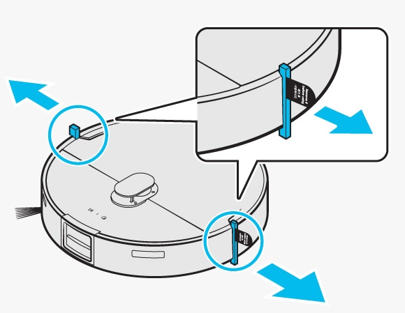 Removing the bumper protection gaskets from both sides of the Samsung Jet Bot Combo, with close-up insets showing the gasket locations.