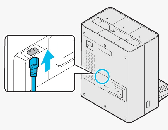 Connecting the power cord to the bottom port of the Clean Station, highlighted with a close-up inset.