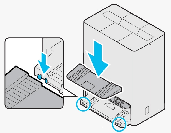 Attaching the extra plate to the base of the Clean Station, with arrows indicating the insertion direction and close-up insets for clarity.