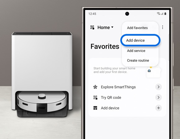 Phone screen shows the SmartThings app with 'Add device' highlighted, next to a Samsung Jet Bot Combo and its dock.
