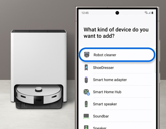 Screen of a phone with the SmartThings app, highlighting 'Robot cleaner' as a device type option, next to a Jet Bot Combo and its dock