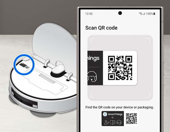 A phone displaying a QR code scanner in the SmartThings app, with a Jet Bot Combo's QR code circled on its body.