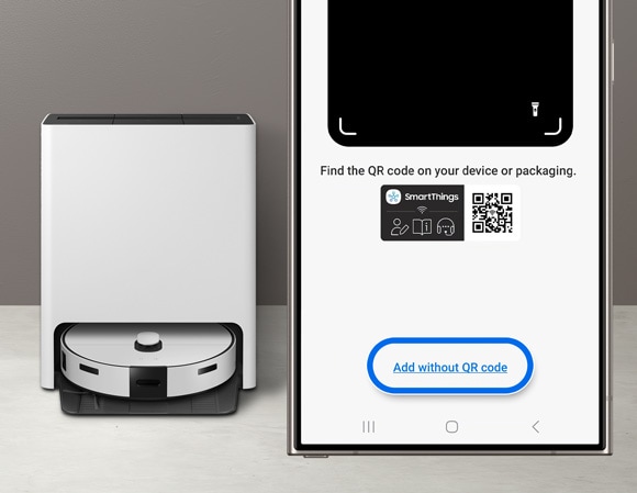 Phone screen in the SmartThings app showing an option to 'Add without QR code', with a Samsung Jet Bot Combo visible in the background.