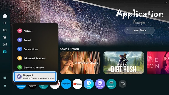 Samsung Smart TV interface highlighting the 'Support' option within the 'Settings' menu.