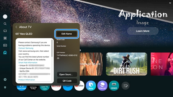 Samsung Smart TV interface with the 'Edit Name' option highlighted within the 'About TV' menu.