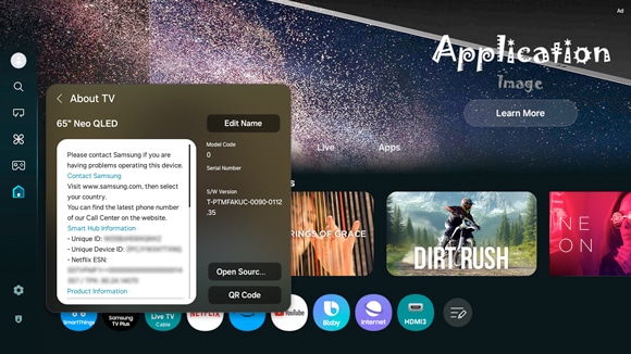 Samsung Smart TV's 'About TV' menu displayed on screen, showing details like Model Code, Serial Number, and Software Version, under the 'Support' section in the settings.