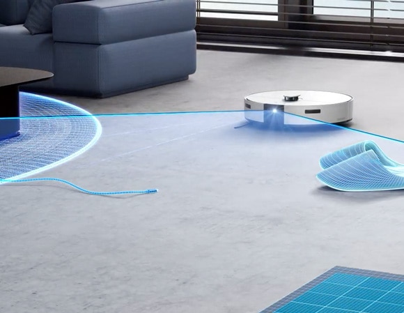 Samsung Jet Bot Combo model VR7MD97*14* using virtual blue light to map a room's layout, showcasing its navigation technology on a sleek concrete floor.