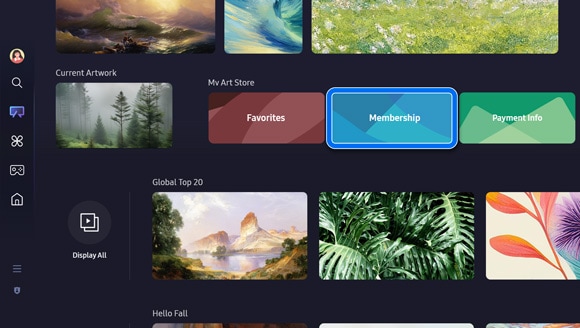 User interface of Samsung The Frame TV showing the Art Store screen with the options 'Membership' highlighted on a sidebar.