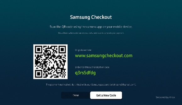 Samsung Checkout screen with a QR code for scanning and a website link for manual entry displayed on The Frame TV.
