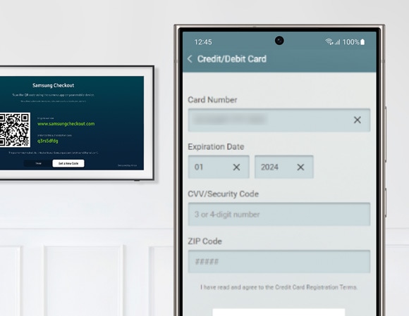 Samsung Checkout displayed on The Frame TV and a close-up of a mobile phone screen showing the 'Add Credit/Debit Card' form.
