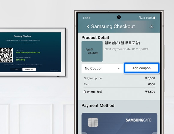 Mobile phone displaying 'Add coupon' option on Samsung Checkout, with The Frame TV showing checkout screen in the background.