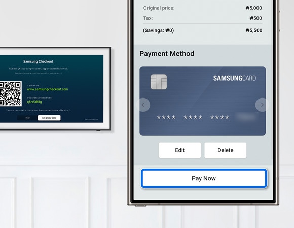 Payment screen on a mobile device showing 'Pay Now' button for Samsung Checkout, with The Frame TV in the background displaying the QR code.
