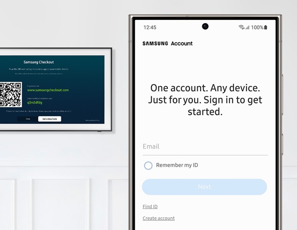 Samsung Account login screen on a mobile device, with The Frame TV displaying Samsung Checkout in the background.