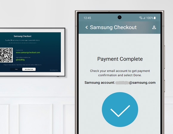 Payment Complete screen on a mobile device showing a checkmark and instructions to check email for confirmation, with The Frame TV in the background.