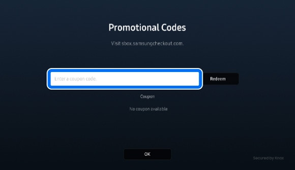 Screen showing the 'Promotional Codes' input field on Samsung The Frame TV for entering a coupon code.