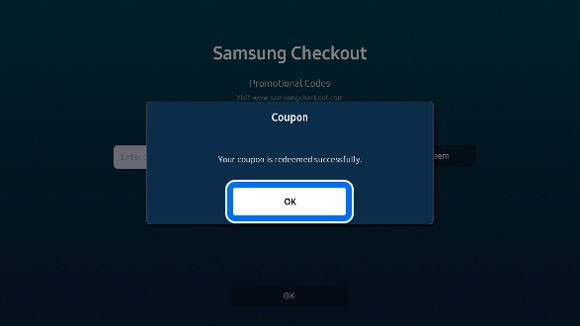 Confirmation pop-up on Samsung The Frame TV stating 'Your coupon is redeemed successfully' with an OK button.