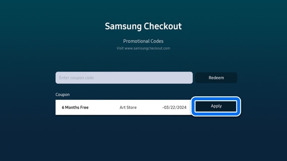 Screen on Samsung The Frame TV displaying a coupon for '6 Months Free' at the Art Store with an 'Apply' button.