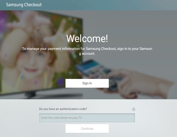 Welcome screen on the Samsung Checkout website, prompting to sign in to manage payment information, with a blurred image of a Samsung TV in the background.