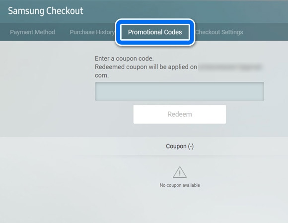 Samsung Checkout webpage showing 'Promotional Codes' tab with an input field to enter a coupon code and a 'Redeem' button.