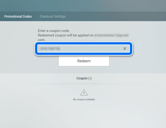 Close-up of the coupon code entry field on the Samsung Checkout webpage, with the 'Redeem' button below.