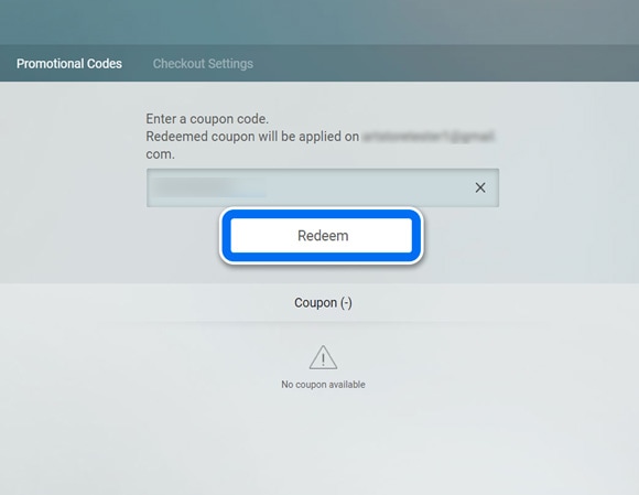 Redeem button highlighted on the Samsung Checkout webpage after entering a coupon code.