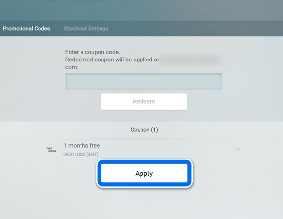 Screen showing the 'Apply' button activated next to a '1 months free' coupon offer on the Samsung Checkout webpage.