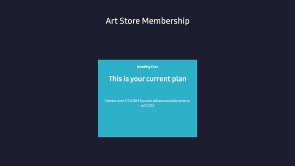 Art Store Membership screen on Samsung Checkout showing 'This is your current plan' under the Monthly Plan section.