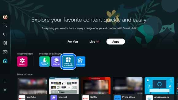 Samsung TV's Home screen displaying various apps, including the highlighted 'Samsung Promotion' app, under the Apps tab.