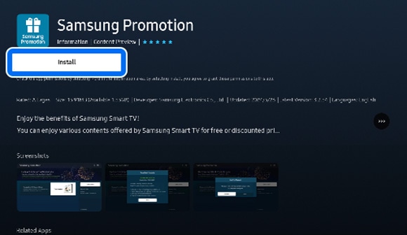Detail page for the Samsung Promotion app on a TV screen with an 'Install' button visible, ready for download and installation.