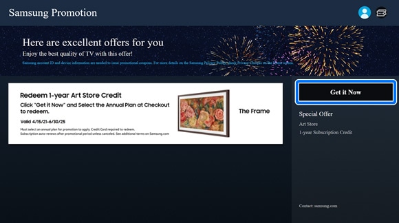 Samsung Promotion app screen displaying a special offer banner for '1-year Art Store Credit' with a 'Get It Now' button.