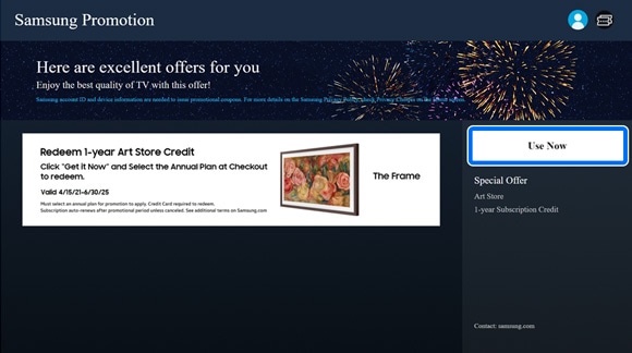Screen showing a '1-year Art Store Credit' offer in the Samsung Promotion app, with a 'Use Now' button highlighted.