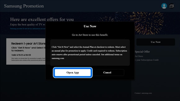 Popup message in Samsung Promotion app with 'Open App' and 'Cancel' buttons, instructing to go to Art Store to use the offer.