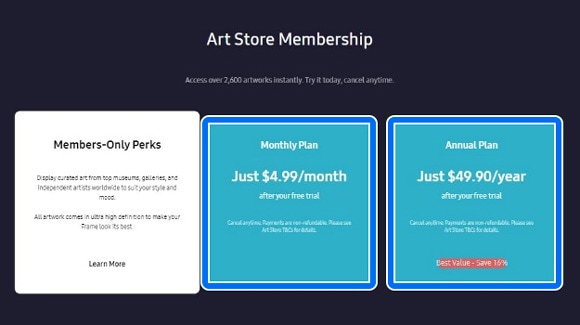 Art Store Membership options displayed on Samsung The Frame TV, including 'Members-Only Perks,' a 'Monthly Plan', and an 'Annual Plan'.
