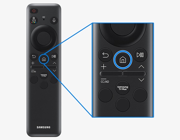 Close-up of a Samsung TV remote control with a blue highlight over the 'Home' button to indicate its location for pressing.