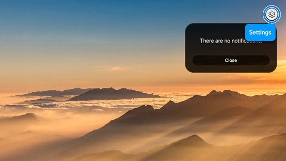 Samsung TV screen with a mountain sunrise and a pop-up indicating 'no notifications', highlighting the Settings icon.